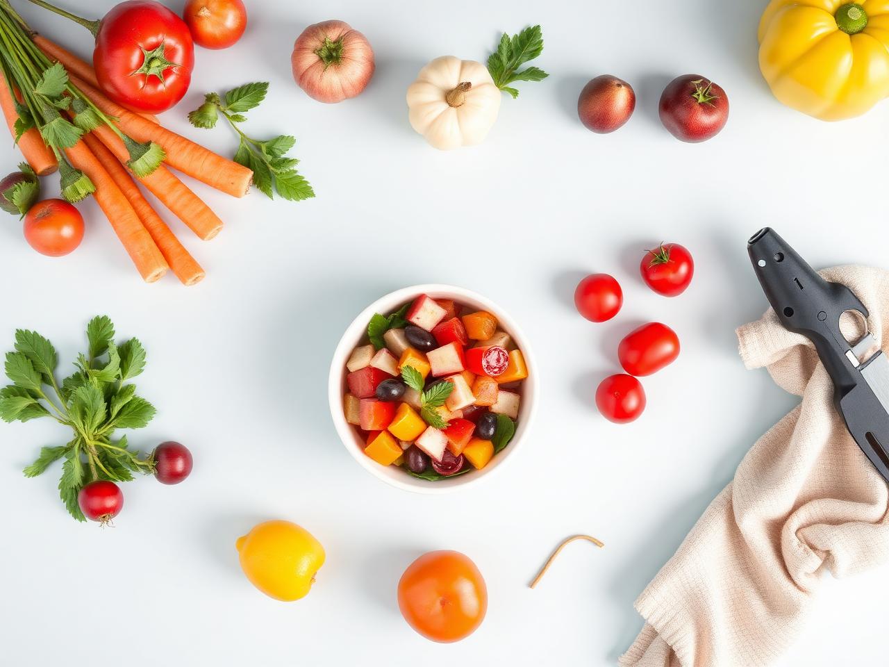 Fresh ingredients and a prepared bowl of food on a pale blue surface